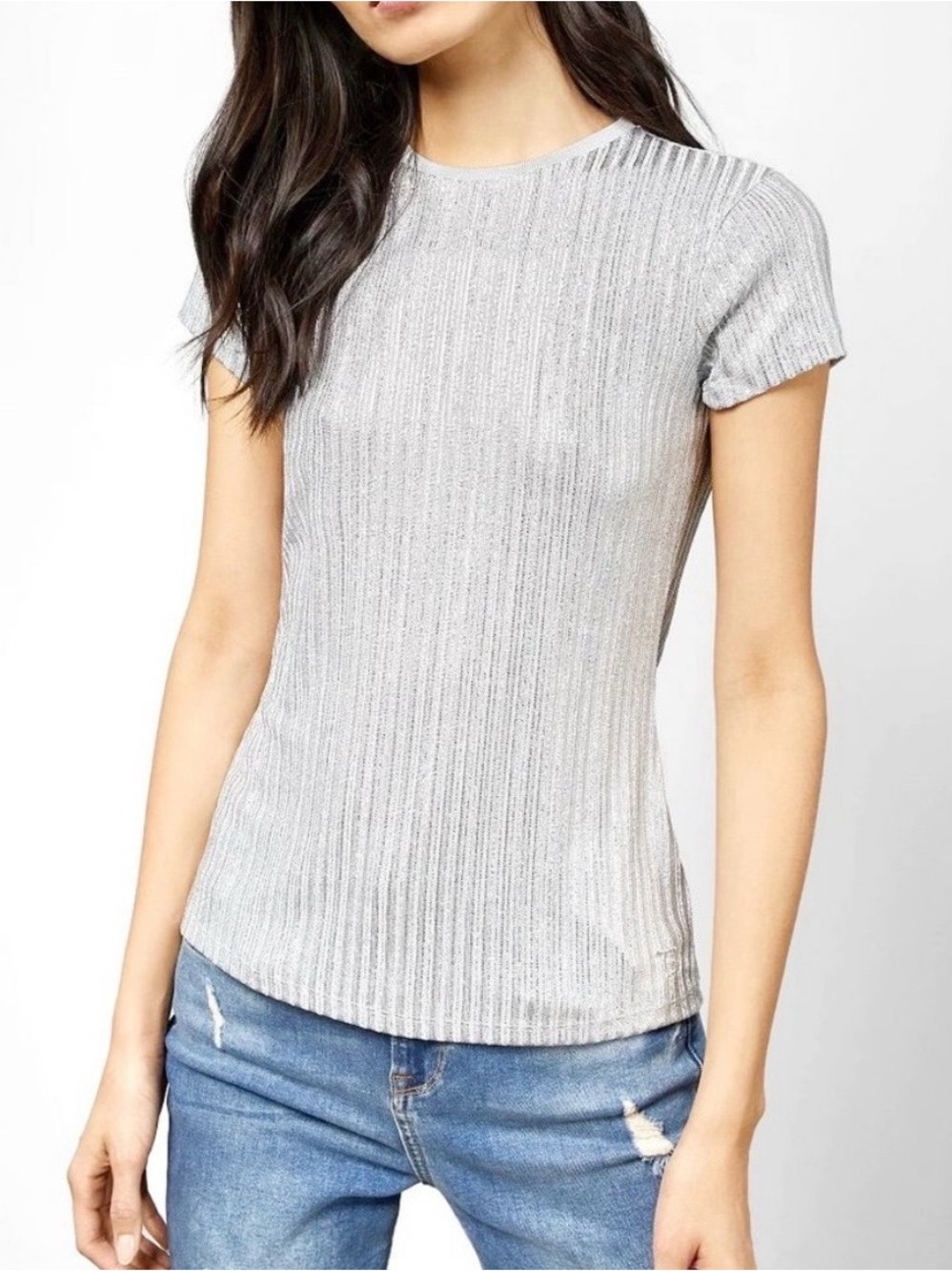EUC Ted Baker London Catrino Silver Metallic Fitted T Shirt Sz 1 (US 2)